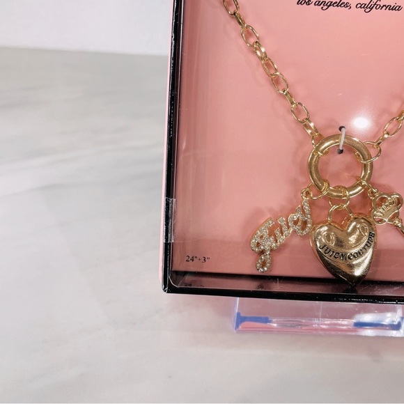 NEW Juicy‎ Couture Gold Heart Rhinestones Logo Key Chain Necklace - Picture 3 of 3